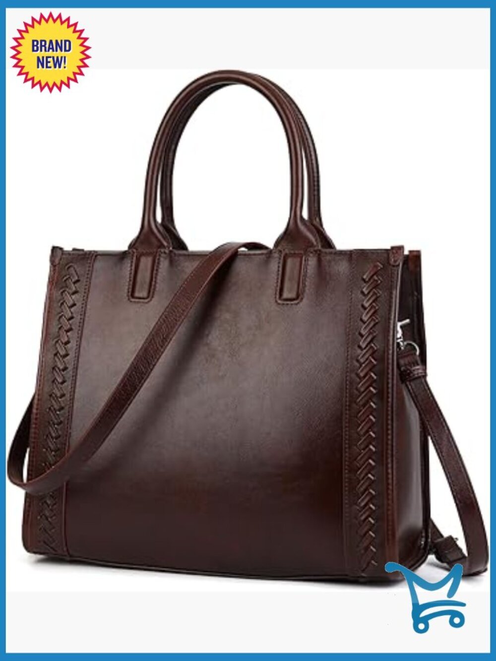 Genuine Leather Tote Bag with Crossbody Strap Multi-Pocket Work Purse